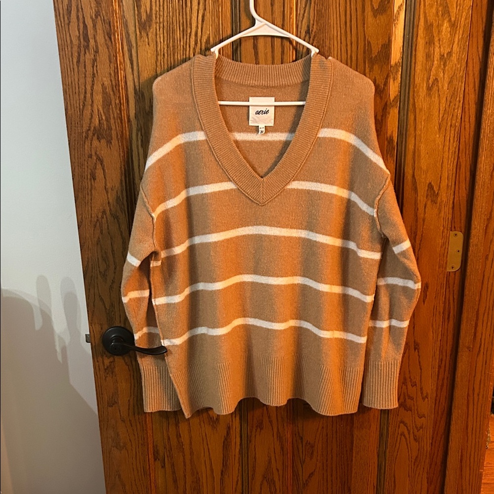 Aerie V-Neck Oversized Sweater in Tan and Cream Stripes